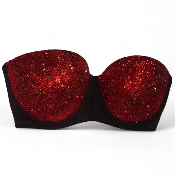 Classic Red Crystal Glam Bling Strapless Bra Top All Sizes New - Picture 2 of 9